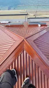 Close-up of newly installed metal roofing during re-roofing project